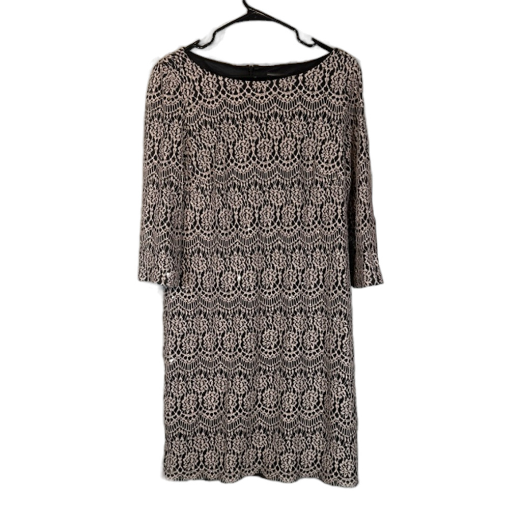 Jessica Howard Black & Beige Sequin Embroidered Lace Shift Dress Women Sz 12